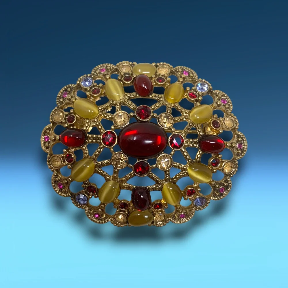 Vintage Liz Claiborne Multicolored Crystal Domed Cluster Brooch Pin Victoriana